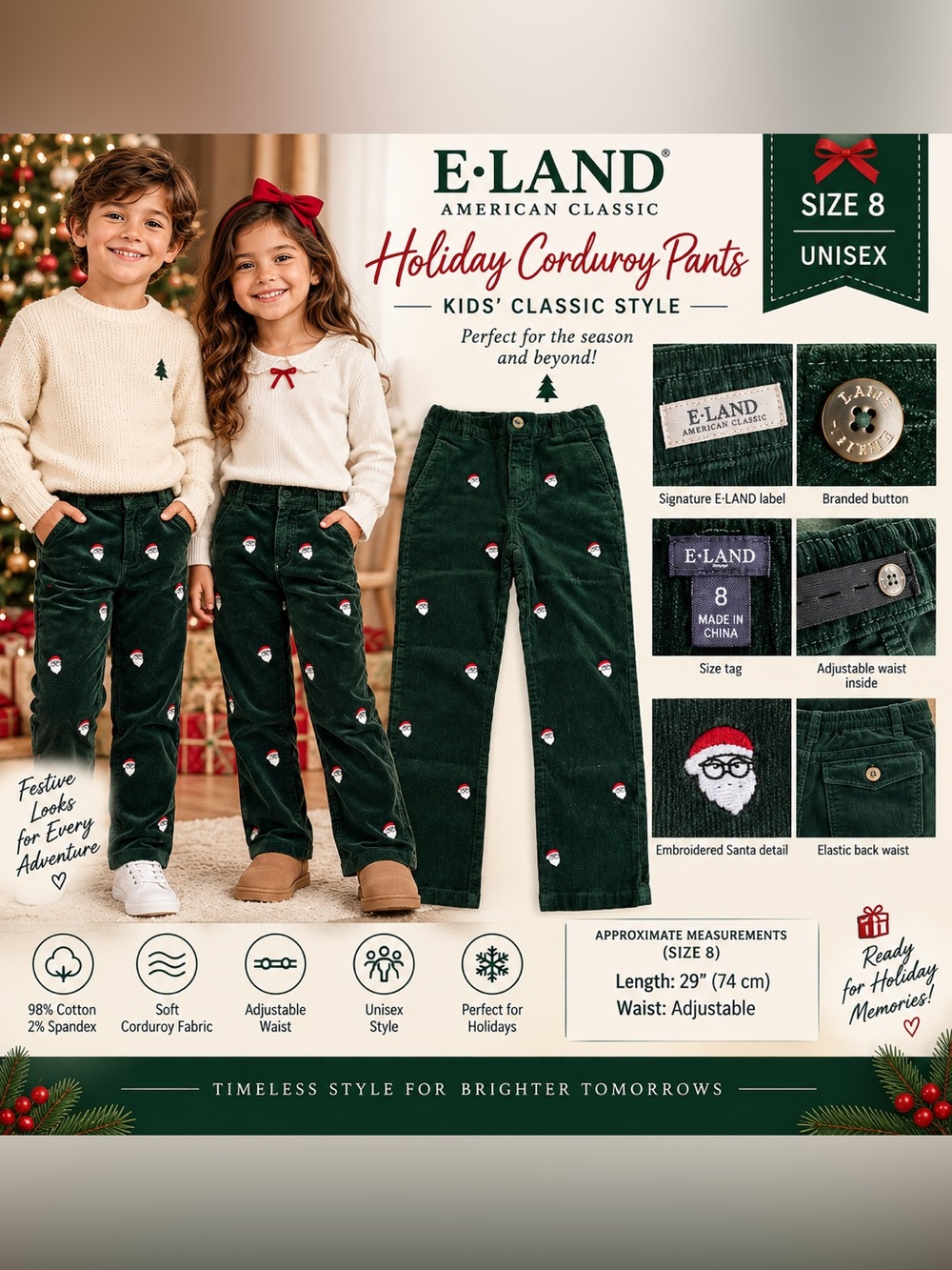 E-Land Unisex Kids Size 8 Green Corduroy Pants Embroidered Santa Christmas